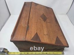 Vintage Victorian Desk Storage Box Chest Inlaid Lid Scalloped Base Locking Top