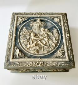 Vintage Victorian blue soapstone hinged jewelry box with additional shelf 1970s