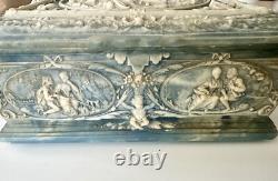 Vintage Victorian blue soapstone hinged jewelry box with additional shelf 1970s