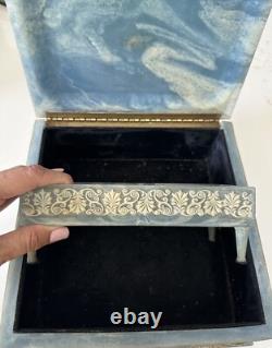 Vintage Victorian blue soapstone hinged jewelry box with additional shelf 1970s