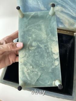 Vintage Victorian blue soapstone hinged jewelry box with additional shelf 1970s