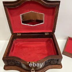 Vintage Walnut Hand Carved With Brass Inserts Jewelry Box 12.25 L 9.75 D 6 Lb