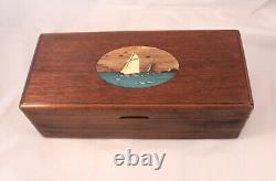 Vintage Walnut Music Box w Hand Painted Sailboat-Sailor Guy Gift