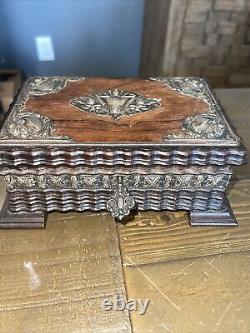 Vintage Walnut Wood Jewelry Trinket Box with Ornate Etched Silver LUXUrious