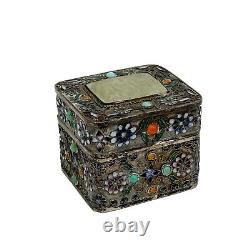 Vintage White Metal Filigree Jewelled and Enamelled Box