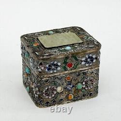 Vintage White Metal Filigree Jewelled and Enamelled Box