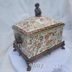 Vintage Wong Lee (WL 1895) Floral Crackled Ceramic & Bronze Lidded Box