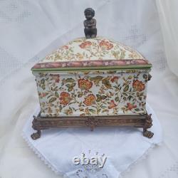 Vintage Wong Lee (WL 1895) Floral Crackled Ceramic & Bronze Lidded Box