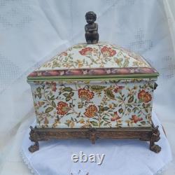 Vintage Wong Lee (WL 1895) Floral Crackled Ceramic & Bronze Lidded Box