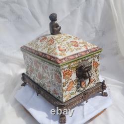 Vintage Wong Lee (WL 1895) Floral Crackled Ceramic & Bronze Lidded Box