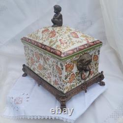 Vintage Wong Lee (WL 1895) Floral Crackled Ceramic & Bronze Lidded Box