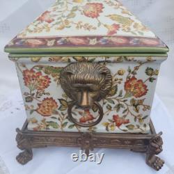 Vintage Wong Lee (WL 1895) Floral Crackled Ceramic & Bronze Lidded Box