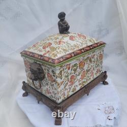 Vintage Wong Lee (WL 1895) Floral Crackled Ceramic & Bronze Lidded Box