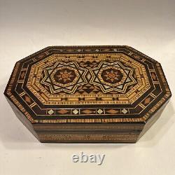 Vintage Wood Box Intricate Inlay Hinged Lid Middle Eastern Estate Find