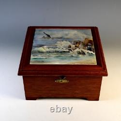 Vintage Wood Box with inlaid Hand Painted Signed Tile Top