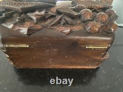 Vintage Wood Craved Cedar Hinged Box, Amazing Detail Village SceneVillage Scene