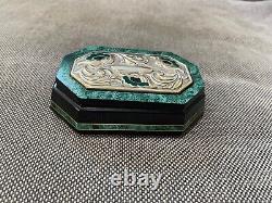 Vintage Wood Dresser Box Faux Malachite Decoration Sterling Silver Top & Enamel