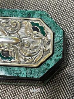 Vintage Wood Dresser Box Faux Malachite Decoration Sterling Silver Top & Enamel