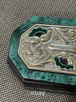 Vintage Wood Dresser Box Faux Malachite Decoration Sterling Silver Top & Enamel