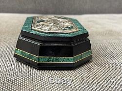 Vintage Wood Dresser Box Faux Malachite Decoration Sterling Silver Top & Enamel