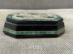 Vintage Wood Dresser Box Faux Malachite Decoration Sterling Silver Top & Enamel