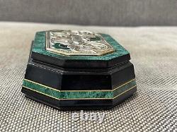 Vintage Wood Dresser Box Faux Malachite Decoration Sterling Silver Top & Enamel