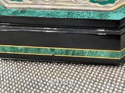 Vintage Wood Dresser Box Faux Malachite Decoration Sterling Silver Top & Enamel