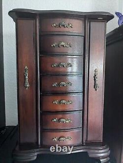 Vintage Wood Jewelry Box 6 Drawer Two Doors Mirror Bombay Style Dark Tone