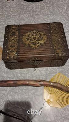 Vintage Wooden Box With Ornate Brass And Brad Out Lay Locking W Key