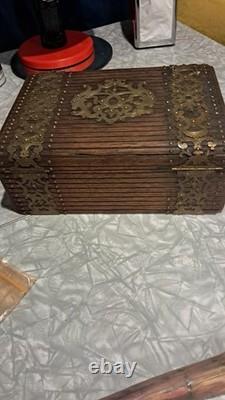 Vintage Wooden Box With Ornate Brass And Brad Out Lay Locking W Key