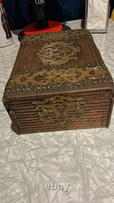 Vintage Wooden Box With Ornate Brass And Brad Out Lay Locking W Key