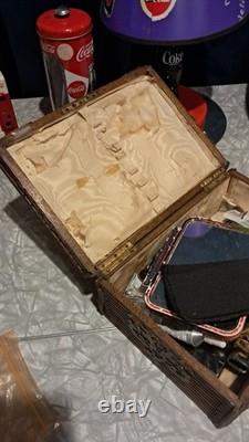 Vintage Wooden Box With Ornate Brass And Brad Out Lay Locking W Key