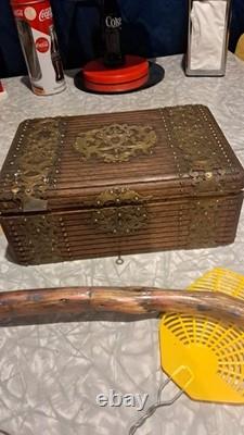 Vintage Wooden Box With Ornate Brass And Brad Out Lay Locking W Key