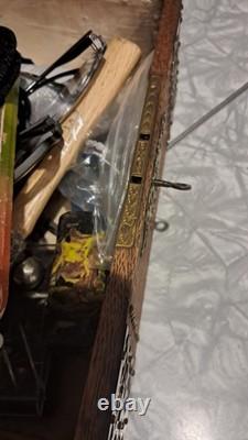 Vintage Wooden Box With Ornate Brass And Brad Out Lay Locking W Key