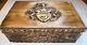 Vintage Wooden Box With English Crest Lion, Crown, Horn And Hunting Dogs