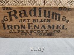 Vintage Wooden Crate Box Stamped JL Prescott Jet Black Radium Enamel (1905-1930)