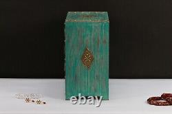 Vintage Wooden Green and Blue Jewelry Box with Brass Accent Decorative Organizer