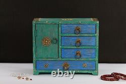 Vintage Wooden Green and Blue Jewelry Box with Brass Accent Decorative Organizer