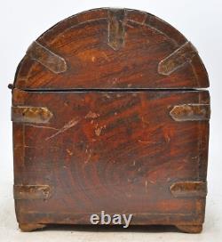 Vintage Wooden Half Round Top Storage Box Original Old Hand Crafted Metal Fitted