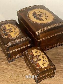 Vintage Wooden Hand Carved Ornate Box Original Label from Krakow Poland