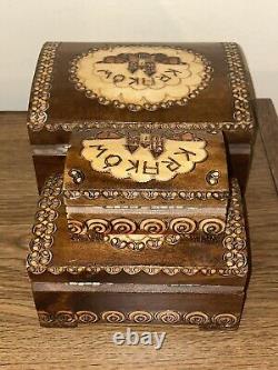 Vintage Wooden Hand Carved Ornate Box Original Label from Krakow Poland