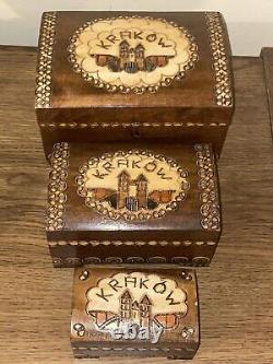 Vintage Wooden Hand Carved Ornate Box Original Label from Krakow Poland