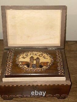 Vintage Wooden Hand Carved Ornate Box Original Label from Krakow Poland