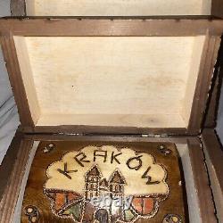 Vintage Wooden Hand Carved Ornate Box Original Label from Krakow Poland