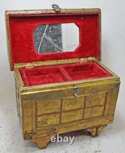 Vintage Wooden Jewellery Vanity Box Original Old Very Fine Brass Fitted