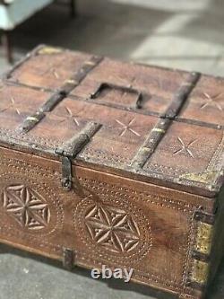 Vintage Wooden Large Size Storage Chest Box Original Hand Crafted Brass Fitted