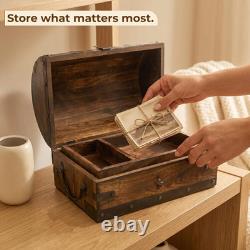 Vintage Wooden Treasure Chest Box with Removable Tray for Jewelry & Keepsakes