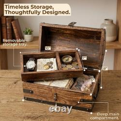 Vintage Wooden Treasure Chest Box with Removable Tray for Jewelry & Keepsakes