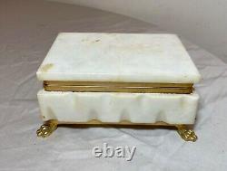 Vintage hand carved white marble stone gilt brass casket dresser jewelry box