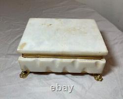 Vintage hand carved white marble stone gilt brass casket dresser jewelry box